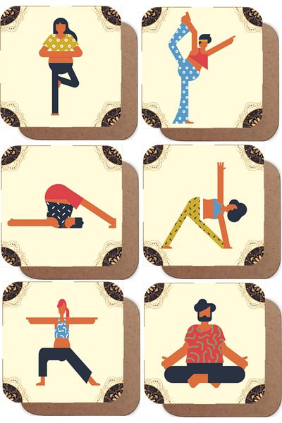 Hayat Poster Yoga and Movements Themed Set of 6 Retro Wooden Coasters
