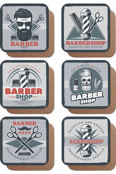 Hayat Poster Barber Shop Barber Hairdresser Themed Set of 6 Retro Wooden Coasters
