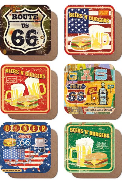 Hayat Poster Route 66 Lokanta Bira Hamburger Temalı Retro 6lı Ahşap Bardak Al...