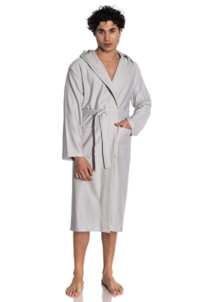 eumenia Men's Quilted Pattern Hooded Gray Dressing Gown