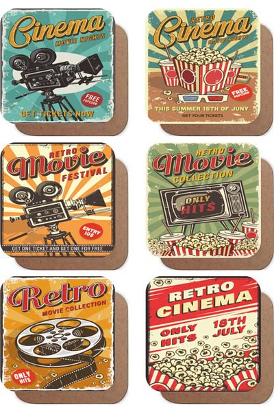 Hayat Poster Vintage Cinema Themed Set of 6 Retro Wooden Coasters