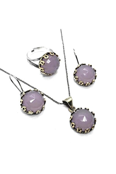 Doğan Silver Pembe Kuvars Taşlı Otantik Gümüş Üçlü Set Dgn21011