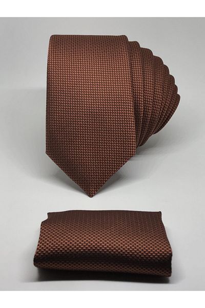 Kravat Gezegeni Slim Fit Oxford Bird Eye Pattern Tie with Copper Colored Handkerchief