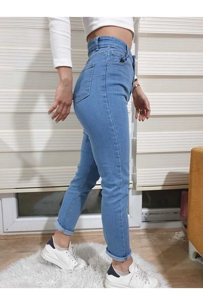 Trn JNS Dámské světle modré Skinny Mom Jeans Modré Mom Slim Fit džíny