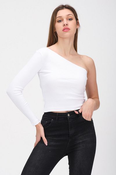 PUNKY CAT Bluză albă tricotată cu o singură mânecă pentru femei