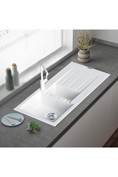 Vıvıano Viviano 1,5 Göz 50x100 Cm Granit Evye Beyaz + Sifon Bağlantı Hortumları