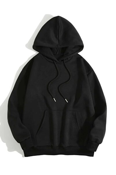 Deocept Unisex Oversize Siyah Kapşonlu Peace Baskılı Sweatshirt