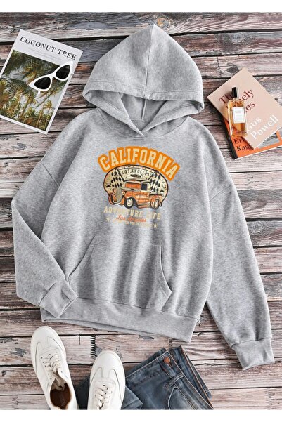 Deocept Hanorac unisex oversize, gri cu glugă, imprimat California