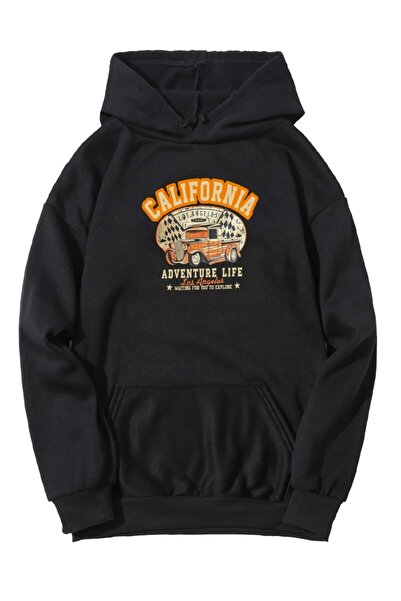 Deocept Hanorac unisex negru supradimensionat cu glugă - hanorac imprimat California