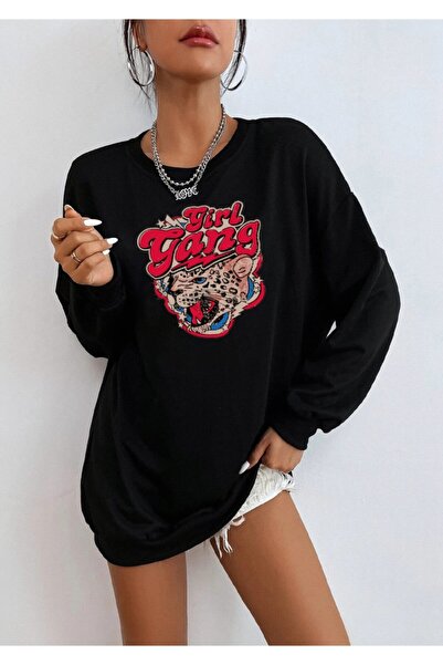 Deocept Unisex Oversize kroj Black Girl Gang Štampano dukserica