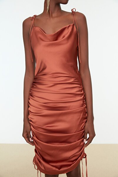 Trendyol Collection Bronze Gathered Satin Elegant Evening Dress TPRSS21EL1831