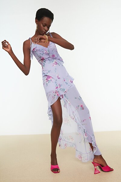 Trendyol Collection A-Cut Flounces Long Evening Dress - Multi Color TPRSS21AE0120