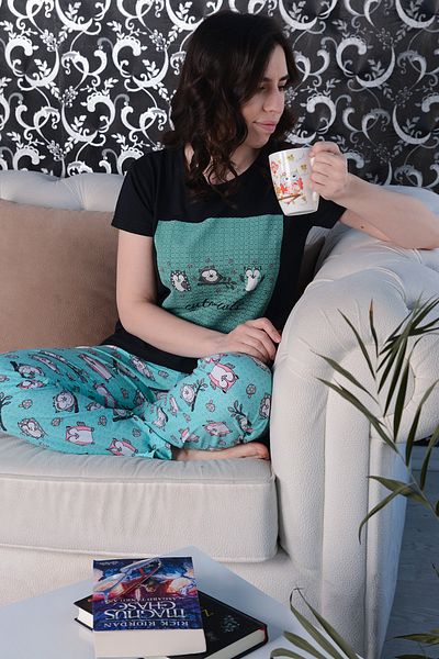 AVORWE Set de pijamale cu mânecă scurtă cu model bufniță și fund lung