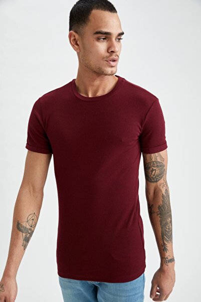 DeFacto Erkek Bordo Slim Fit  Bisiklet Yaka Basic Tişört U3004AZ21SP