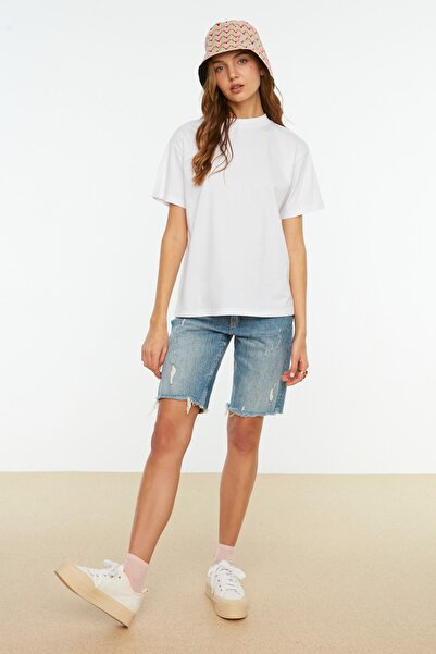 Trendyol Collection Λευκό 100% βαμβάκι Basic κανονικό/κανονικό πλεκτό μπλουζάκι με γιακά TWOAW20TS0096