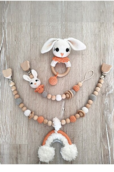 MYG Baby Amigurumi Ahşap Çıngıraklı Diş Kaşıyıcı Puset Oyuncağı Ve Ahşap Emzik Zinciri, Emzik Tutucu