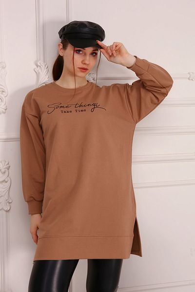 Birol Triko Women's Dark Beige Slogan Tunic