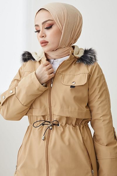InStyle Sequined Sleeve Detail Zipper Pocket Coat - Beige