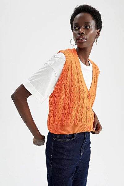 DeFacto Pulover cu model tricotat cu decolteu în V oversize