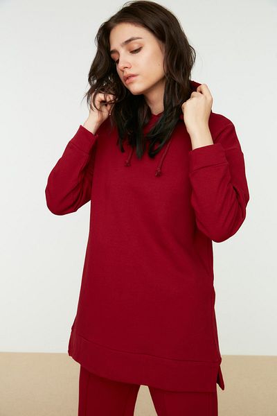 Trendyol Modest Übergroßes, burgunderfarbenes Strick-Trainingsanzug-Set mit Kapuze, TCTAW22EN0005