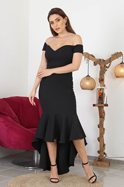 Neşeli Butik فستان سهرة نسائي برقبة قارب بدون أكتاف