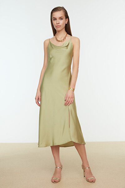 Trendyol Collection Zöld bélésű szőtt szatén estélyi ruha éjszakai ballagási ruha TPRSS19BB0058