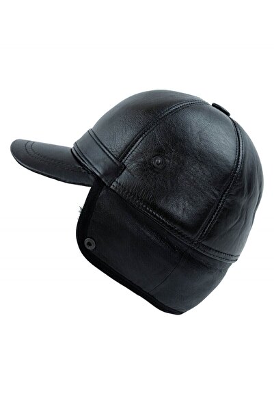 AYER TİCARET Unisex Siyah Hakiki Deri Kulaklıklı Beyzbol Şapka