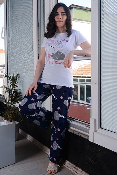 AVORWE Set de pijamale cu mâneci scurte și fund lung cu imprimeu cu iepuri care prind stele