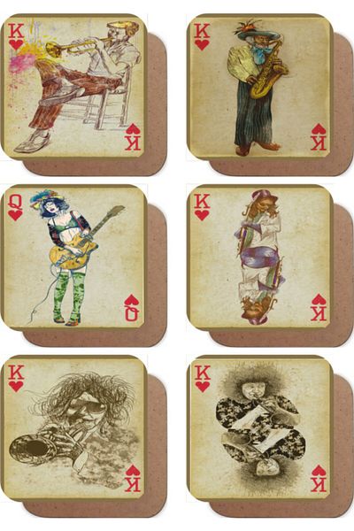 Hayat Poster Set of 6 Retro Wooden Coasters with Musicians Playing Cards Concept