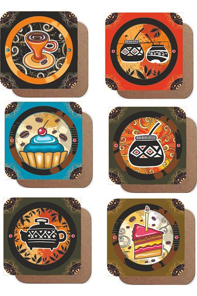 Hayat Poster Colorful Retro Tea Coffee Themed 6-Piece Wooden Coasters Set-1