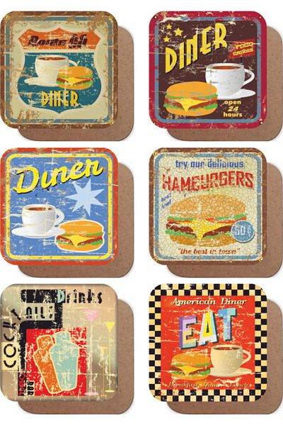 Hayat Poster Route 66 Diner Coffee Hamburger Themed Retro Set of 6 Wooden Coasters