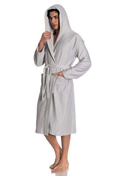 eumenia Men's Quilted Pattern Hooded Gray Dressing Gown