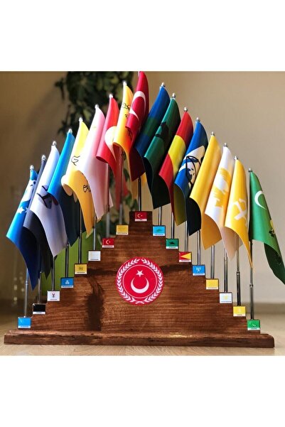 Smartad 17 Eski Türk Devletleri Ahşap Kaideli Saten Kumaş Bayrak Seti