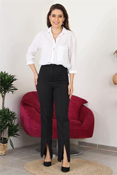 Neşeli Butik Γυναικείο υφασμάτινο παντελόνι με ψηλόμεσο σκίσιμο με λεπτομέρειες