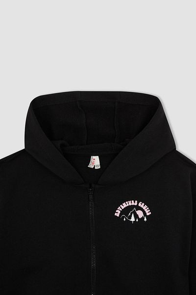 DeFacto Girl's Hooded Slogan Printed Cardigan
