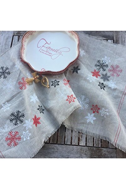 güzsokak17 Ham Keten Beze Kar Tanesi Tahta Baskı 1 Adet Runner (masa Örtüsü)