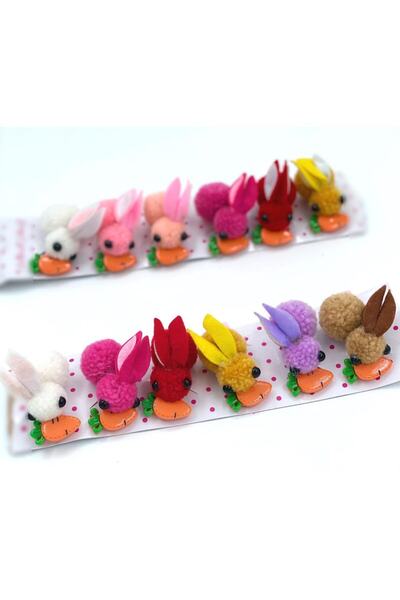 QUEEN AKSESUAR 6lı Sevimli Peluş Ponpon Havuçlu Renkli Tavşan Pensli Toka Set...