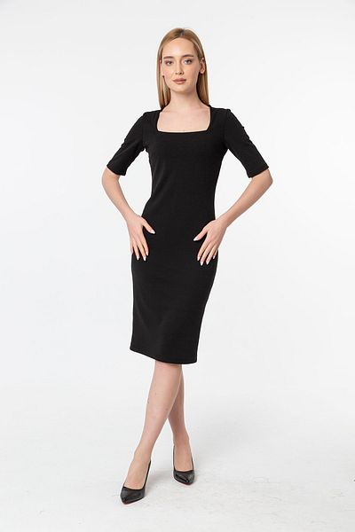 Laranor Black Ballerina Collar Crepe Fabric Pencil Dress