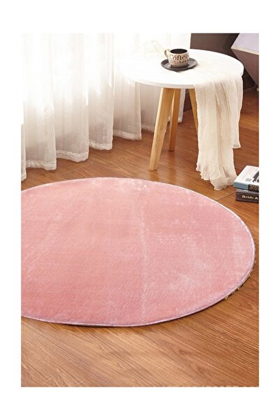 Sarar Yuvarlak Düz Renk Peluş Pofuduk Kaydırmaz Jel Taban Pembe Renk Halı