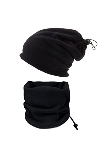 nacar çarşı Unısex Kışlık Polar Siyah Bere Ve Boyunluk Standart Siyah