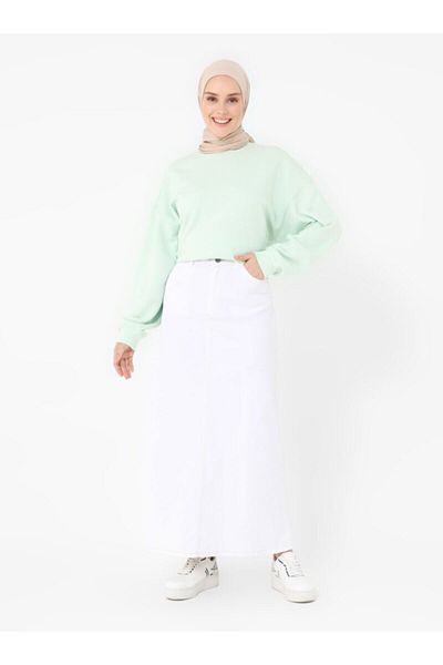 Benin Natural Fabric Contrast Stitched Denim Skirt White