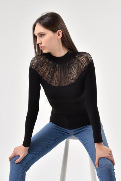 KİM Kİ O بلوزة نسائية سوداء مزينة بالدانتيل على شكل بيضاوي من الأمام والخلف