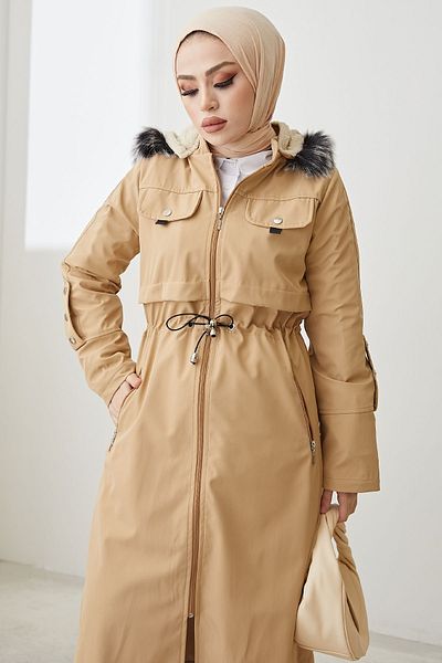 InStyle Sequined Sleeve Detail Zipper Pocket Coat - Beige