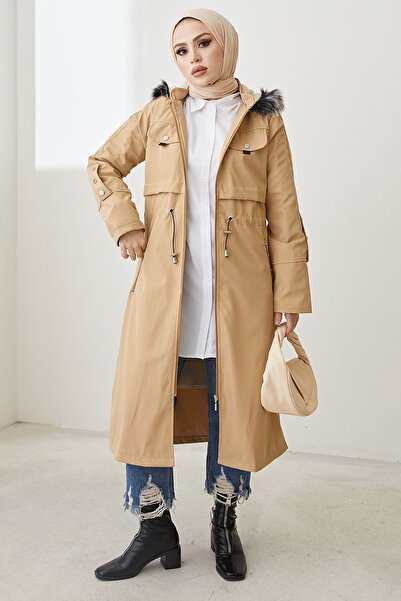 InStyle Sequined Sleeve Detail Zipper Pocket Coat - Beige