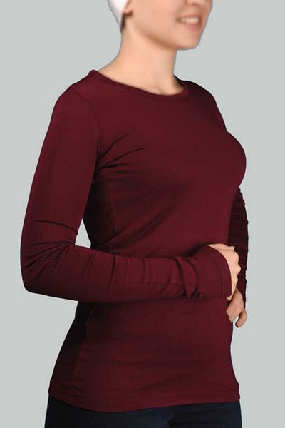 Altobeh Body de damă din bumbac pieptănat cu mânecă lungă, decolteu, lycra - roșu claret