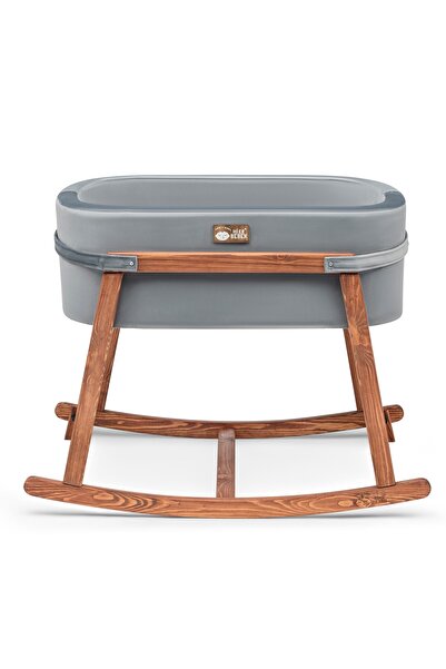 Hier Anne Yanı Beşik Bebek Ahşap Meşe Stand Gri Sepet