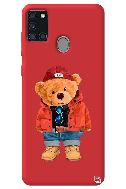 WANNA PROTECT Samsung A21S Red Color Premium Velvet Teddy Bear Patterned Sili...