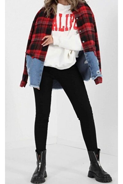 dükkan10butika Kadın Ekose Desenli Altı ve Arkası Kot Detay Kareli Oduncu Göm...