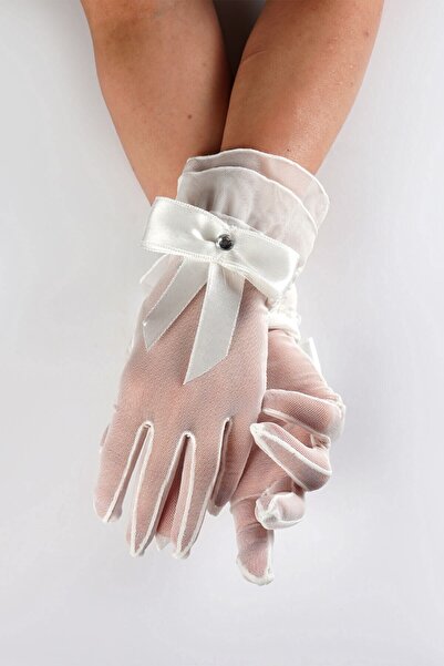 Limelia Beyaz Düz Fiyonklu Taşlı Gelin Eldiveni