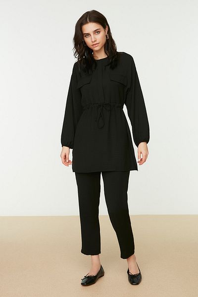 Trendyol Modest Black Tie Waist Pocket Detailed Aerobin Shirt-Pants Set TCTSS21AU0238